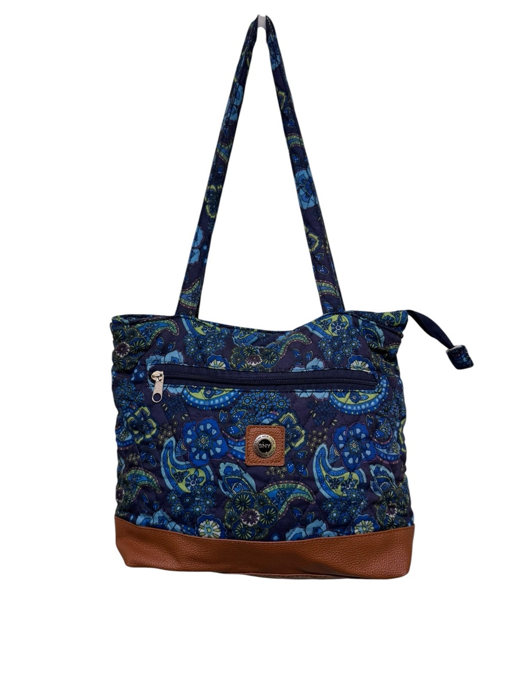 Blue Paisley Quilted Tote Bag‎ with Brown Trim